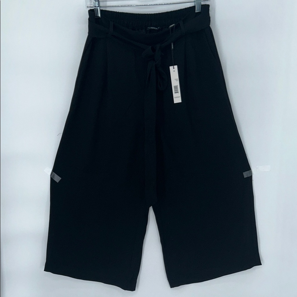 Tahari Wide Leg Culotte Pants Black Size M Tie Waist Pull-On Cropped Trousers